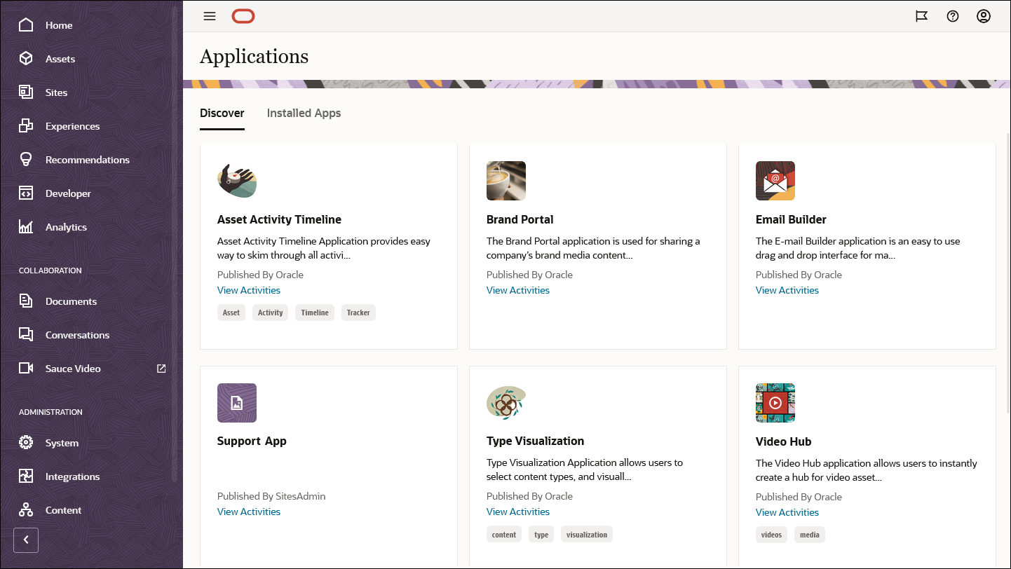 Discover tab of Oracle Content Management Applications page.