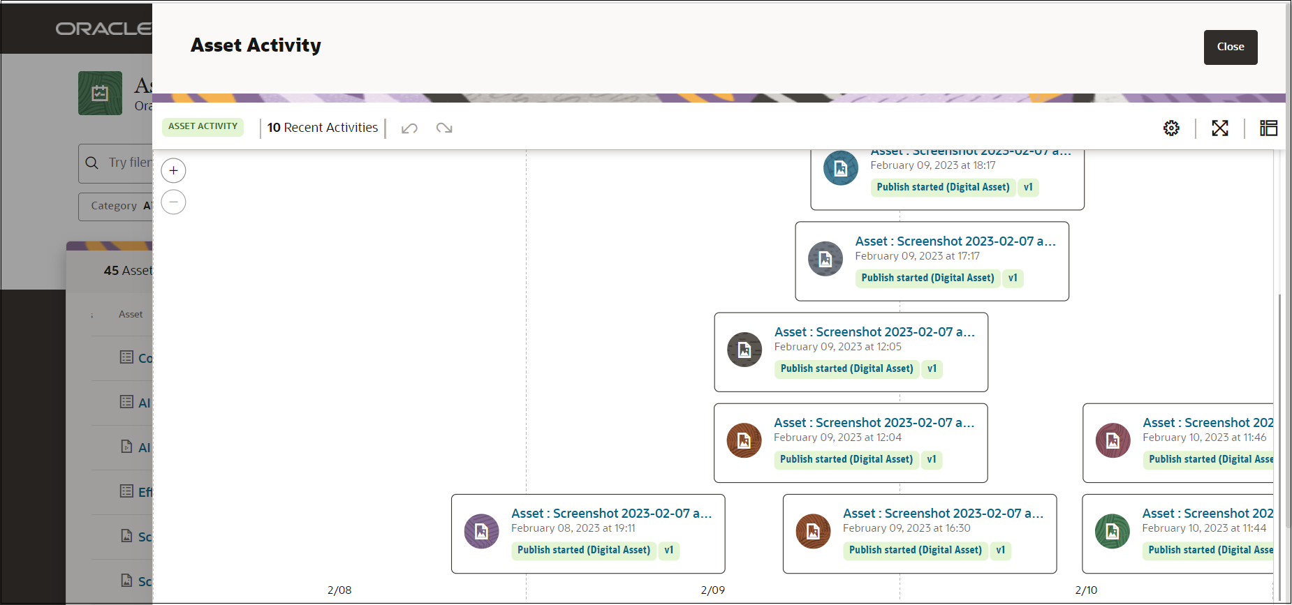 Asset Activity Timeline app for Oracle Content Management.