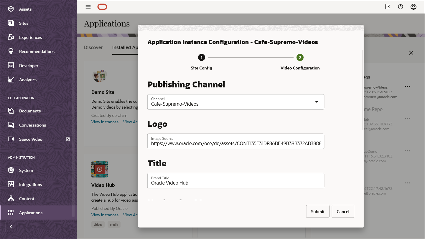 Configuration interface for Video Hub app in the Oracle Content Management applications portal.