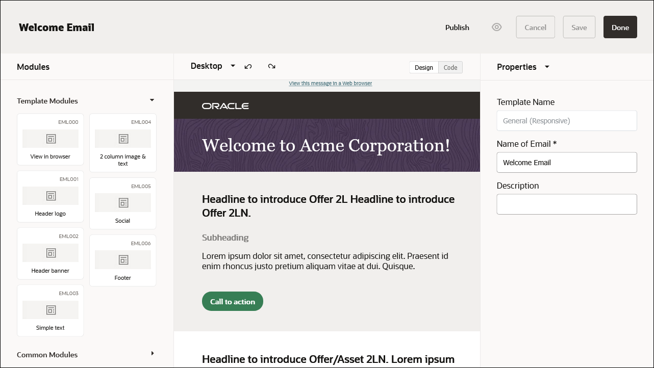 Overview page for the Email Builder app in the Oracle Content Management applications portal.