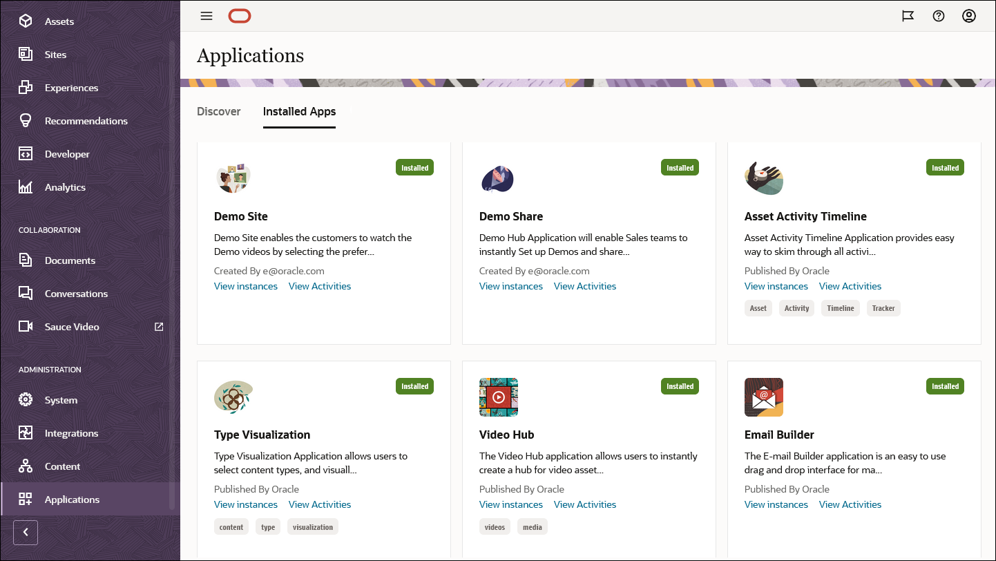 Installed Apps tab of Oracle Content Management Applications page.