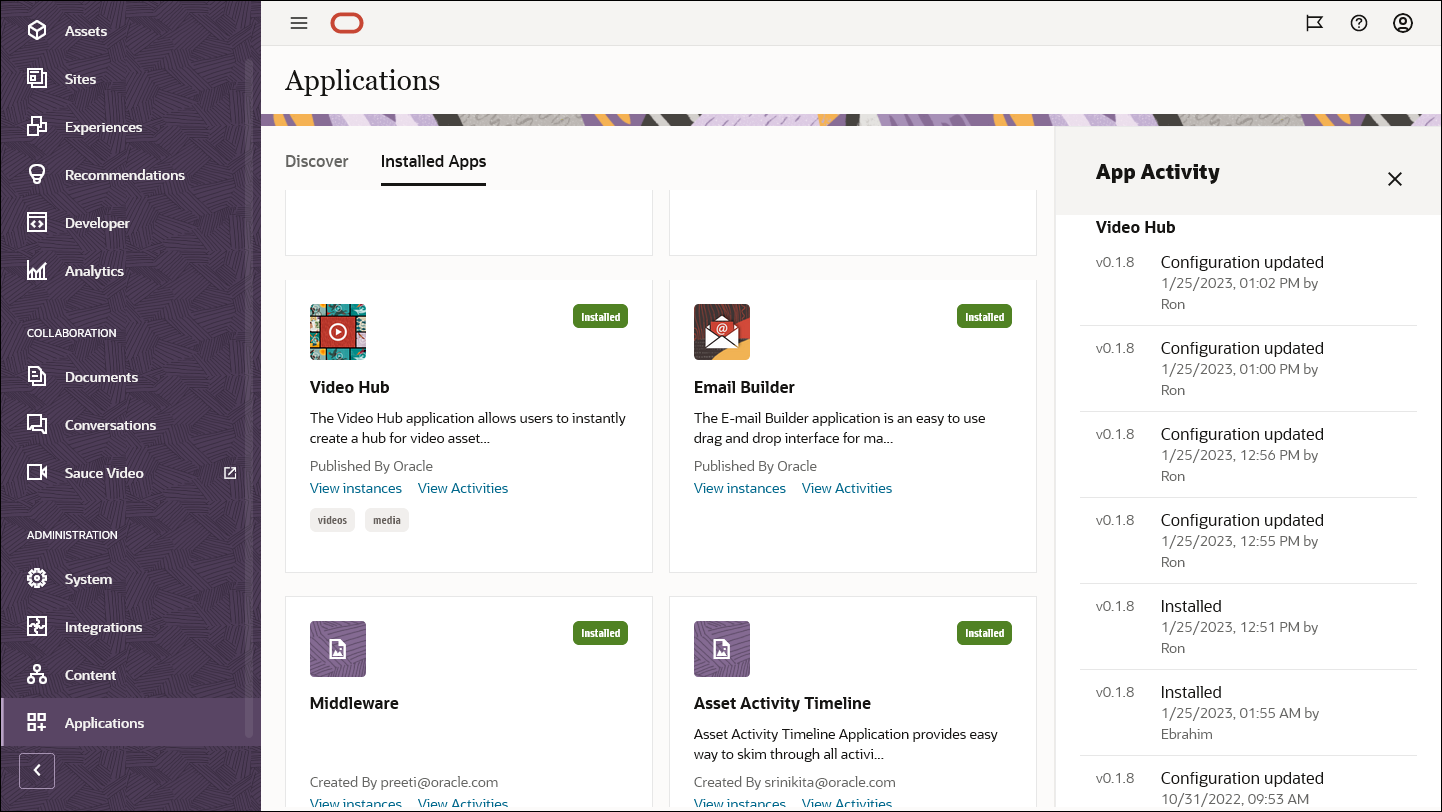 App activity for the Video Hub app for Oracle Content Management.