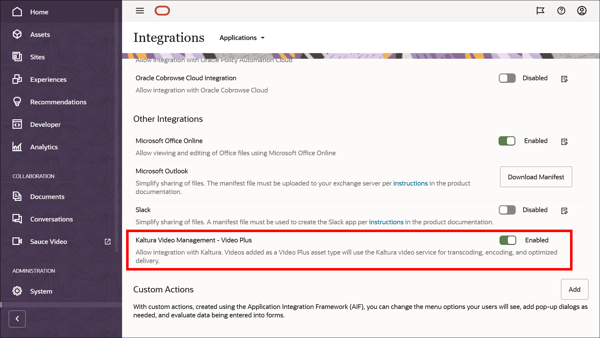 Integrations page in the Oracle Content Management web interface, with the Video Plus option enabled.