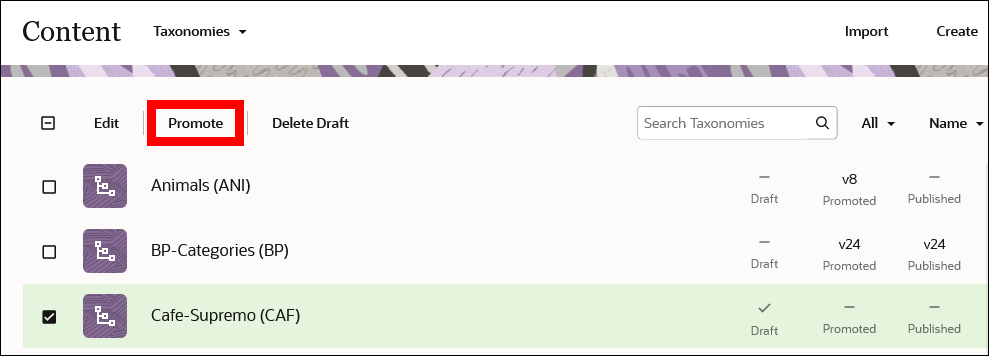 Selected taxonomy for promotion.