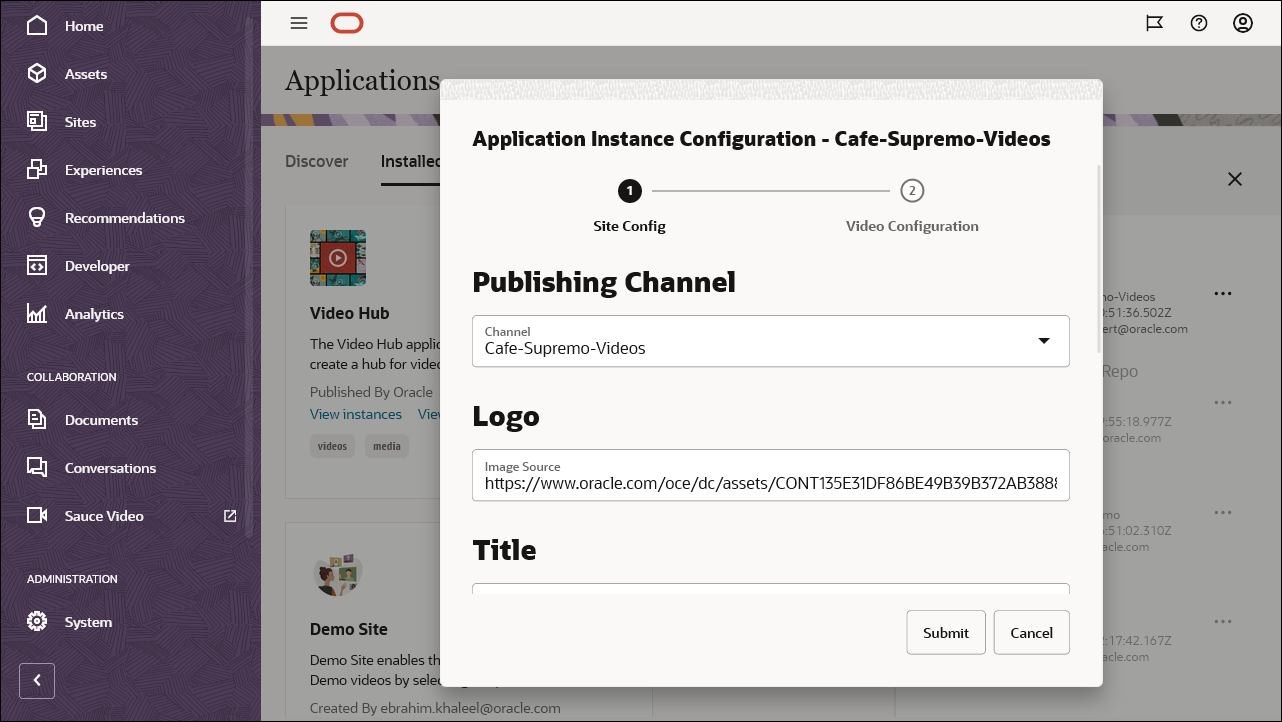Site Config section of the Application Instance Configuration dialog.