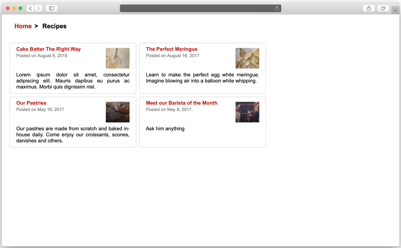 This image shows a topic page called ‘Recipes’ with a list of the available articles for that topic.