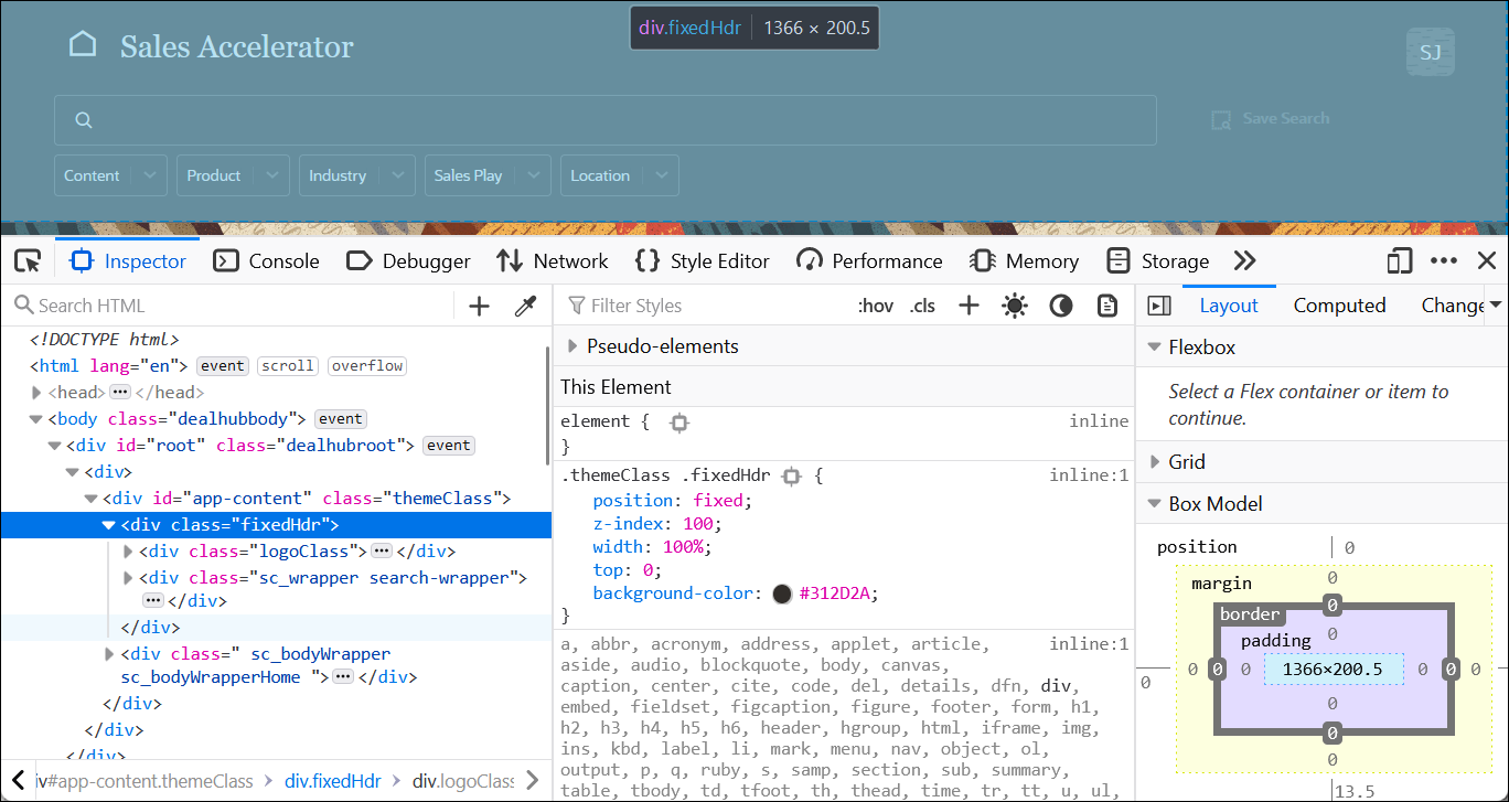 Developer console for the selected interface element, with CSS information for that element.