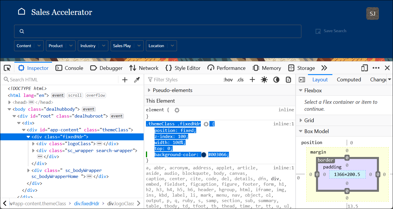 Developer console for the selected interface element, with CSS information for that element.
