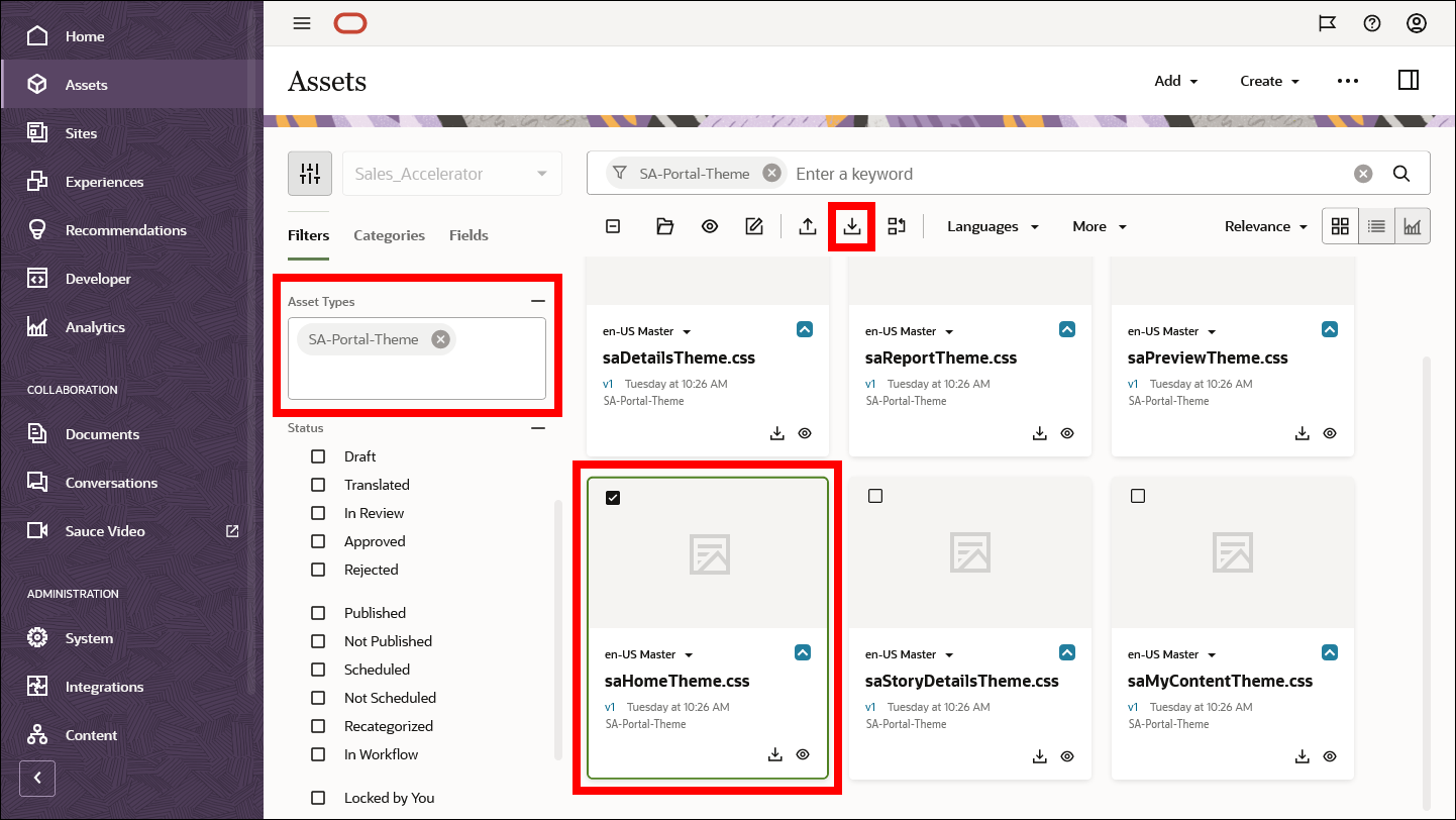 Assets page in Oracle Content Management web interface filtered for the ‘SA-Portal-Theme’ asset type.