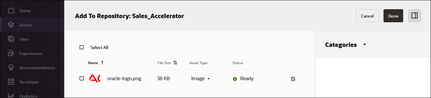 Uploading branding logo to Oracle Content Management.