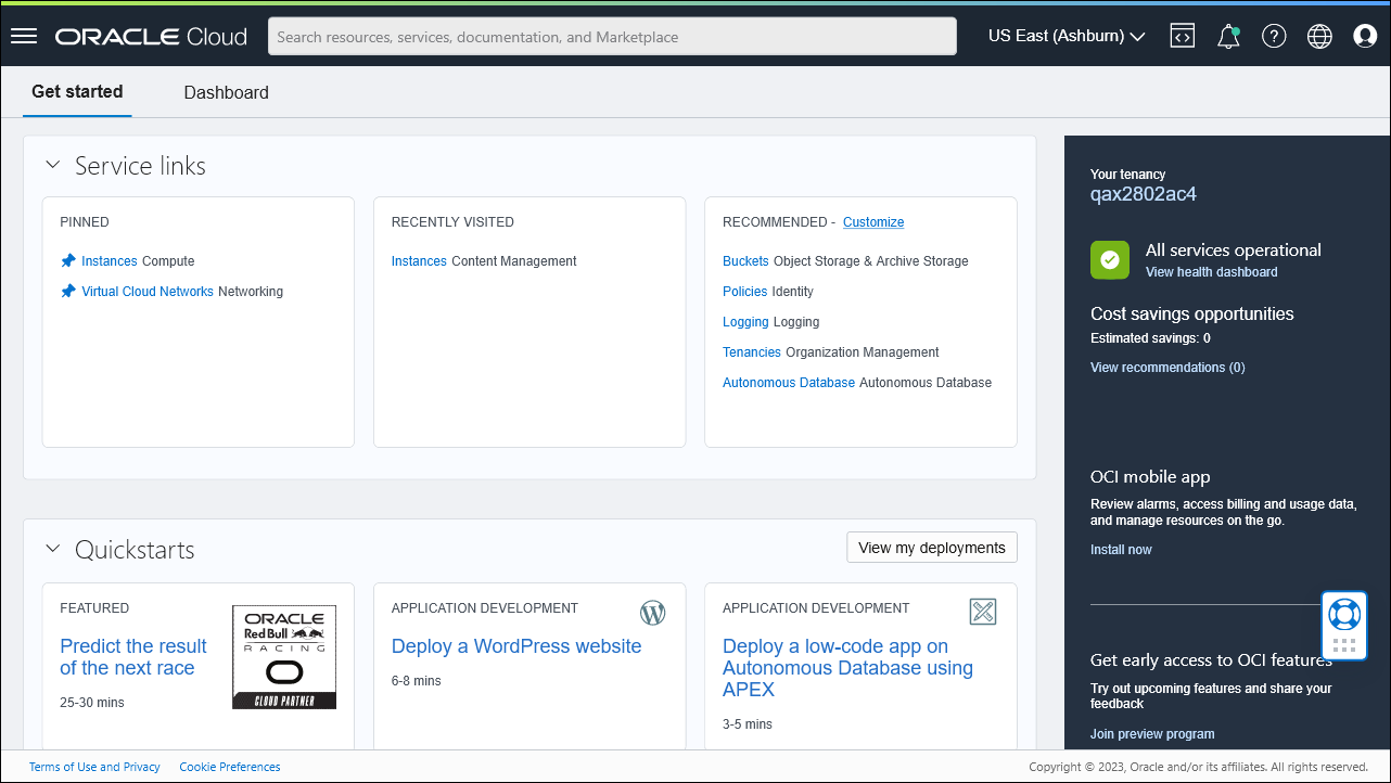 This image shows the Oracle Cloud home page after signing in.