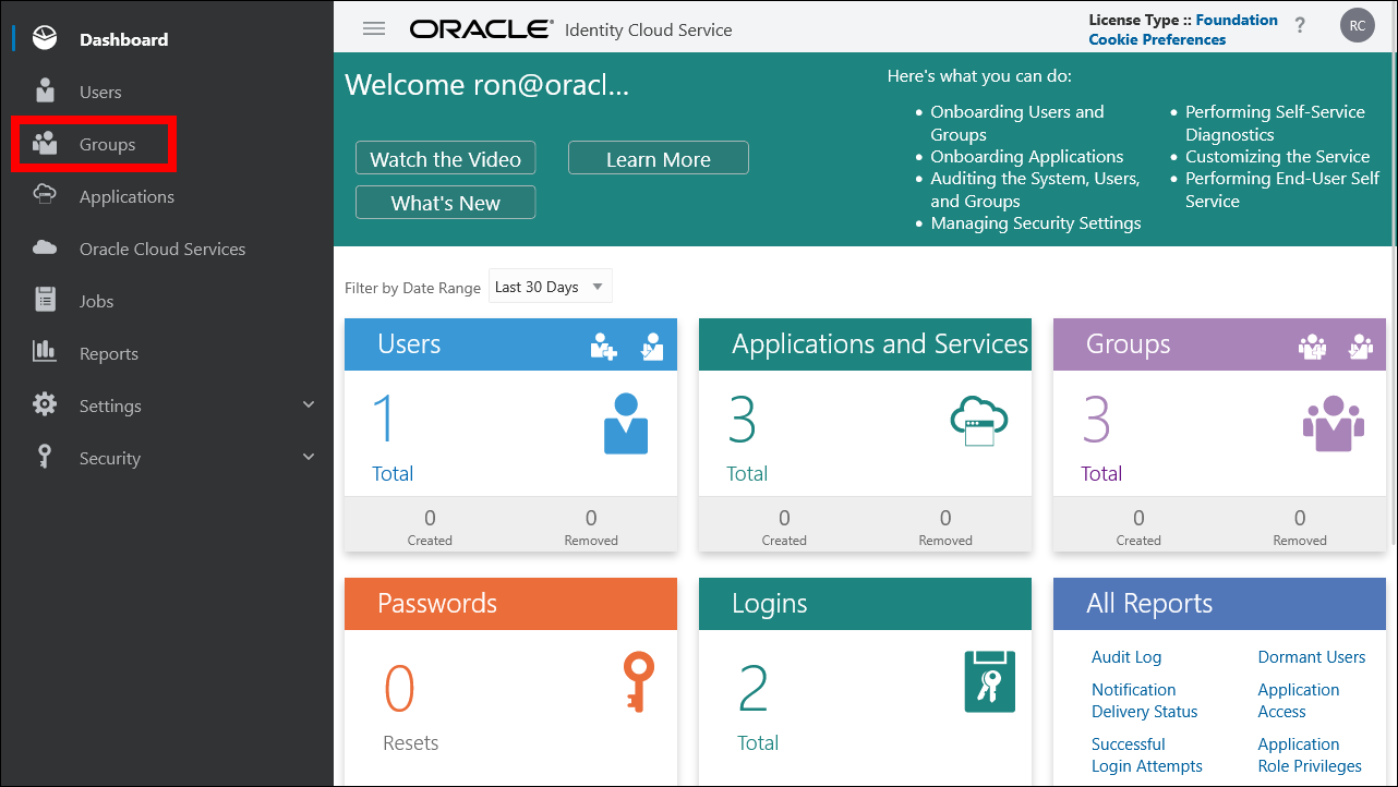This image shows the Oracle Identity Cloud Service Console with the Groups option in the navigation menu highlighted.