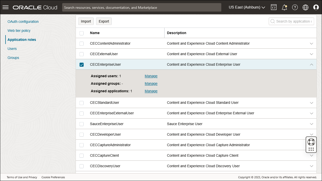 This image shows the Application Roles page with the actions panel for a role opened.
