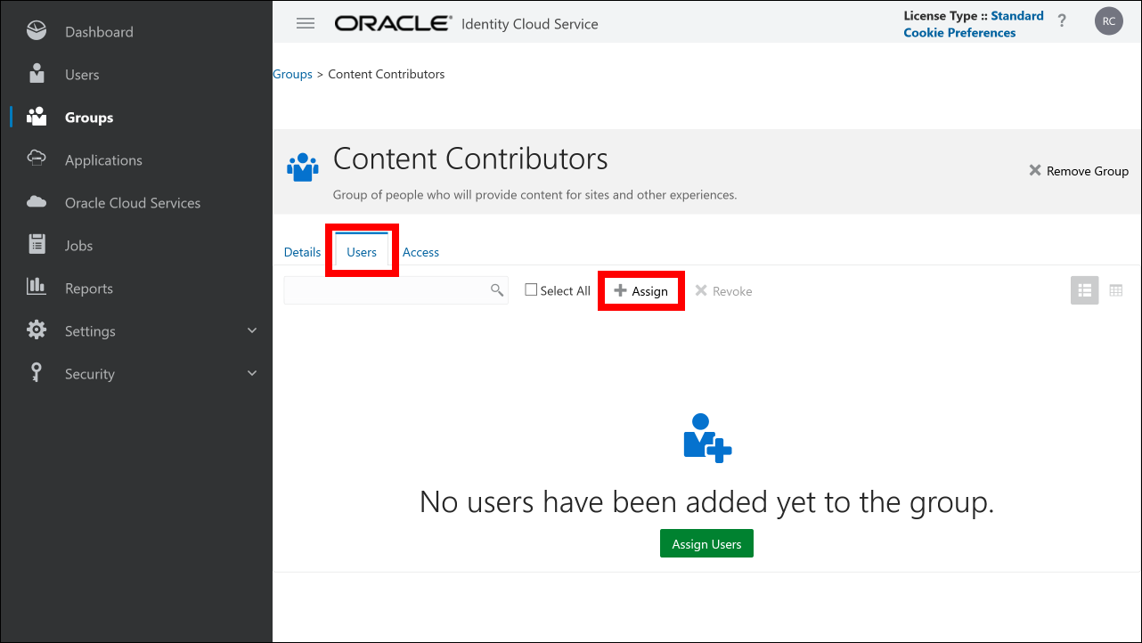This image shows the group details page with the Users tab active.