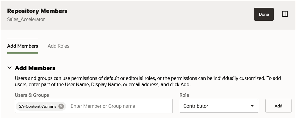 This image shows the Repository Members screen for the Sales_Accelerator repository.
