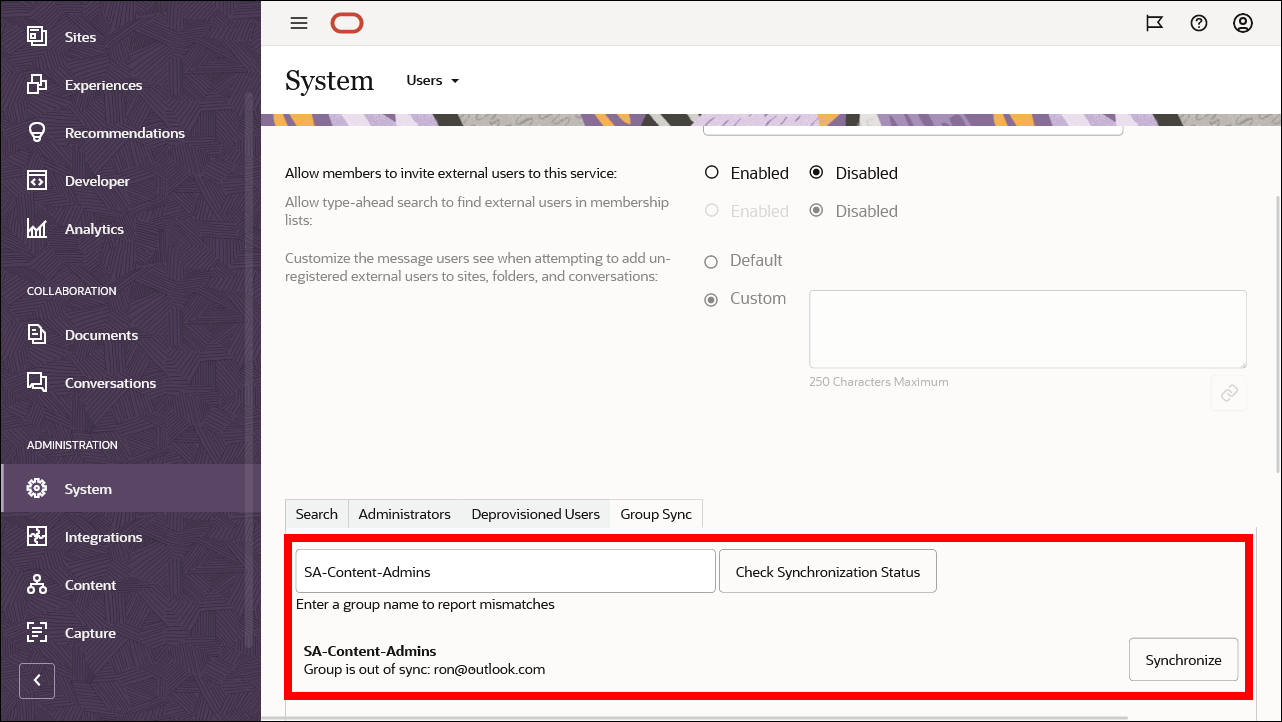 This image shows the Users configuration page in Oracle Content Management.