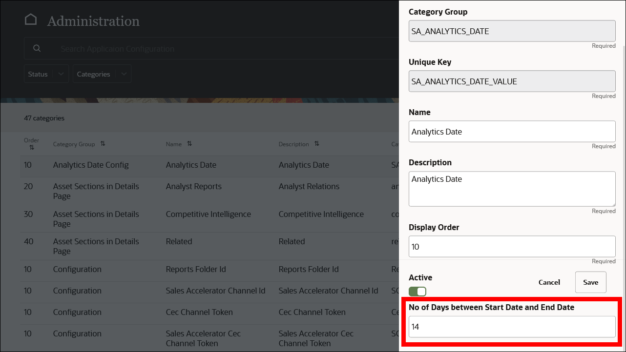 This image shows the modified SA_ANALYTICS_DATE_VALUE configuration value.
