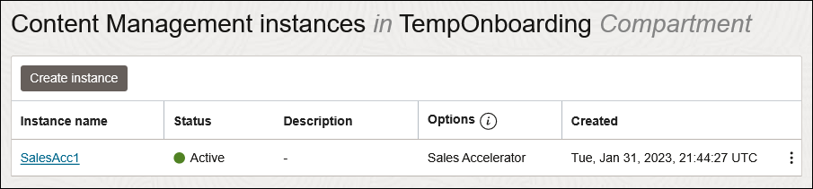 This image shows the Sales Accelerator instance status as ‘Active’ on the Content Management instances page.