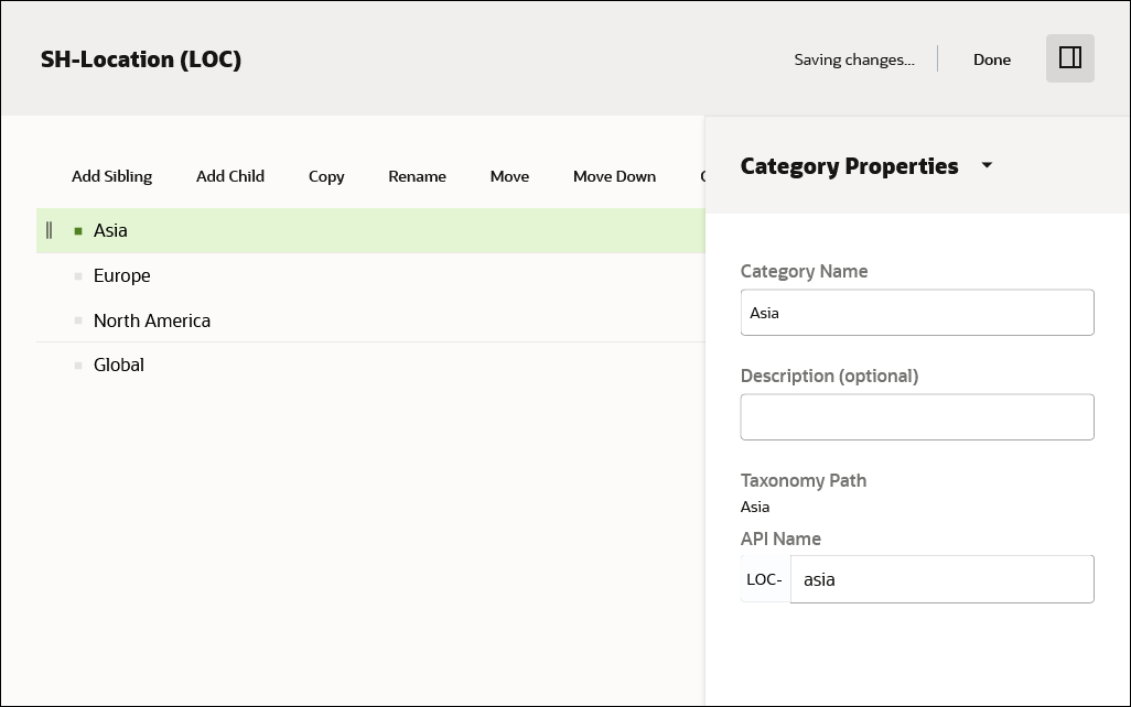 This image shows a list of location categories, with Asia newly added.