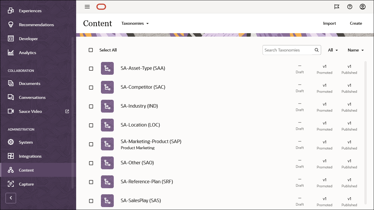 This image shows a list of all predefined taxonomies associated with Oracle Sales Accelerator.