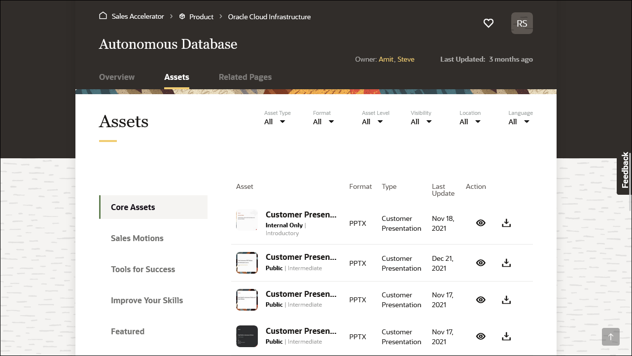 This image shows an example of an asset section on a product page in Oracle Sales Accelerator.