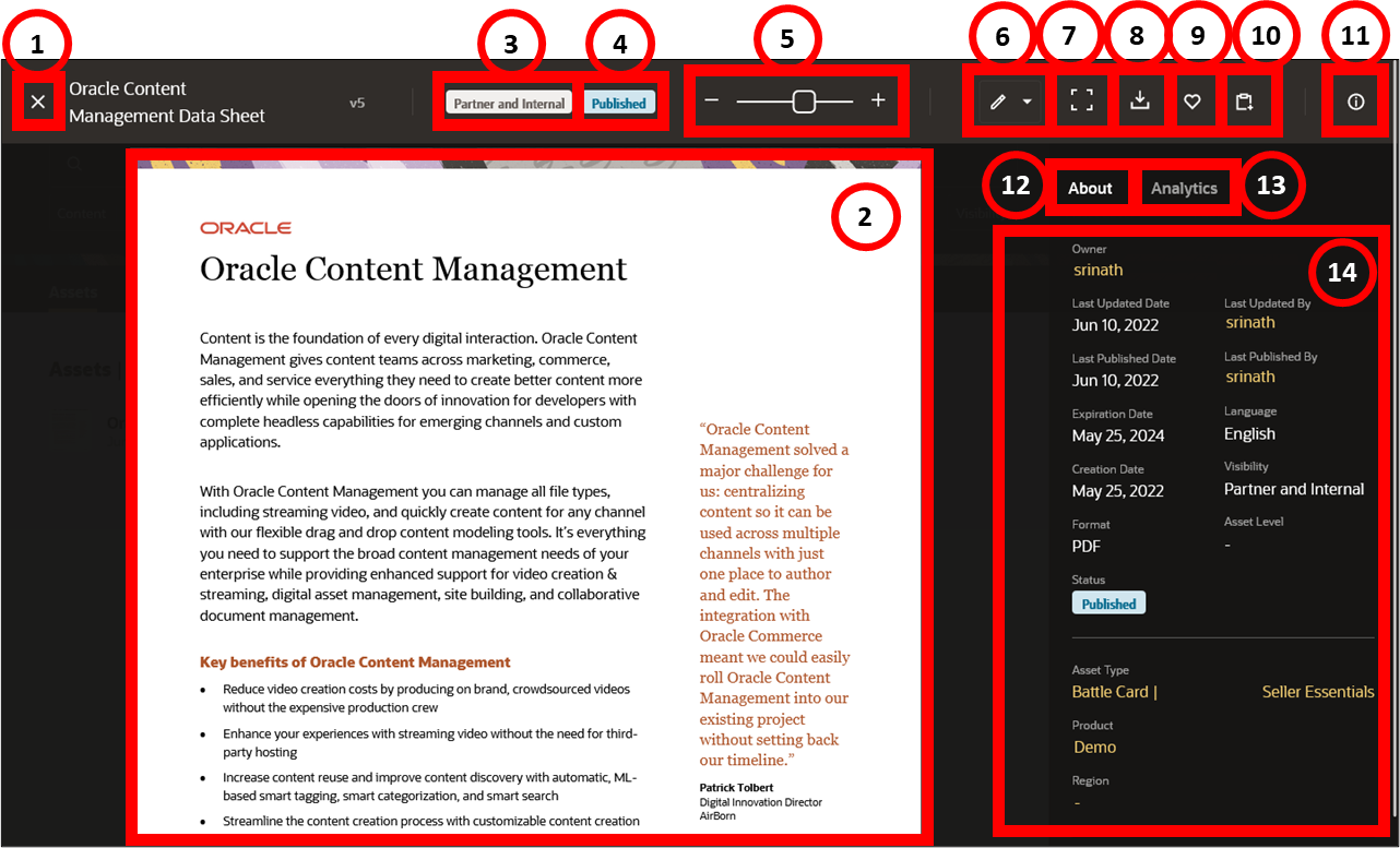 This image shows a PDF file in the asset viewer, whose features are explained in the table following this image.