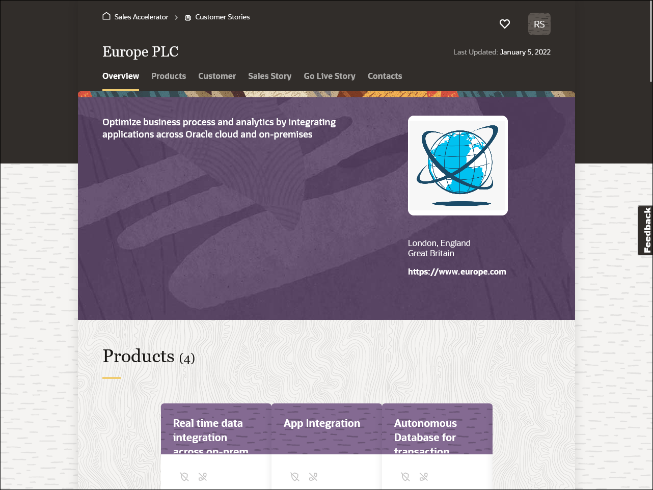 This image shows an example of a product page in Oracle Sales Accelerator.