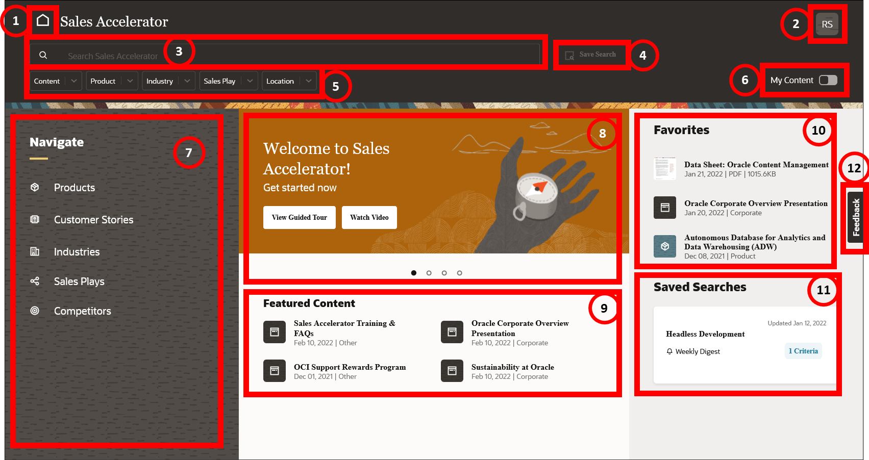 This image shows the Oracle Sales Accelerator home page with various features marked with numbers, which are explained in the table following this image.