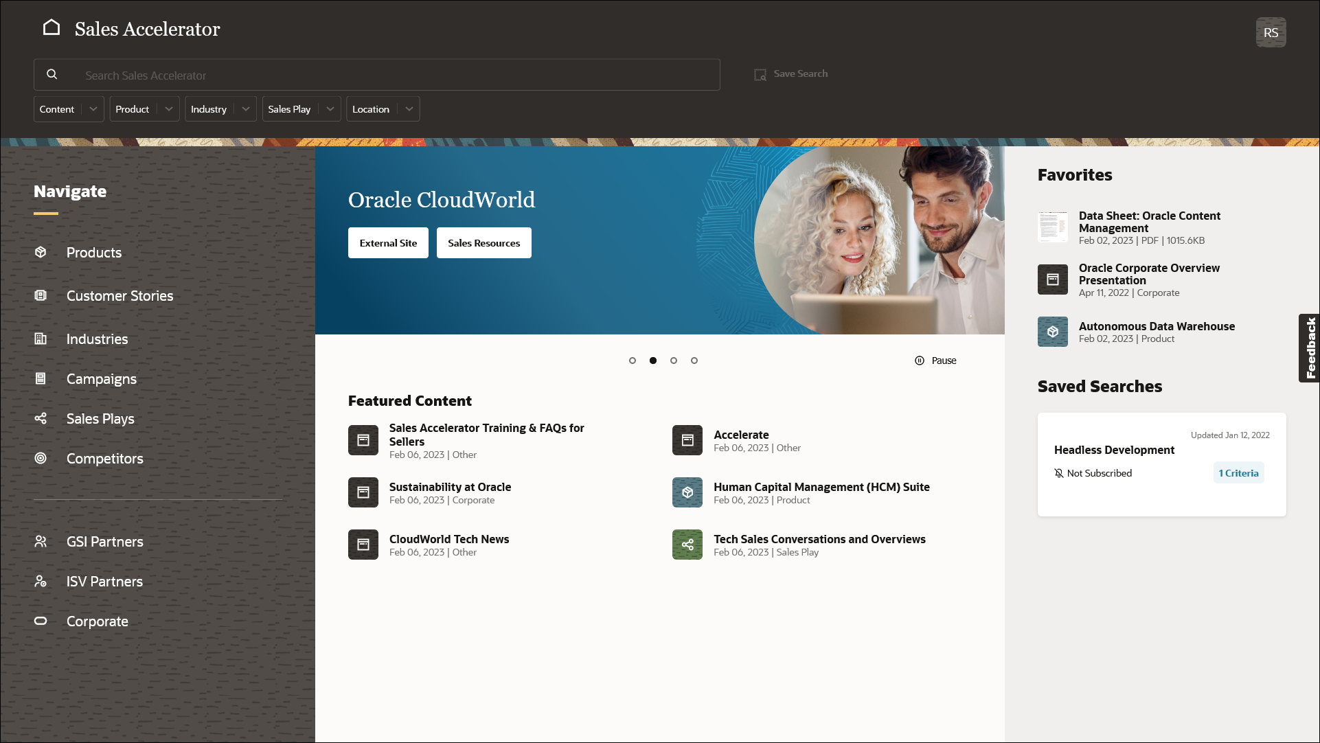 This image shows the Oracle Sales Accelerator home page.