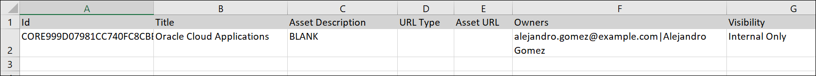 This image shows an example of the template file for asset metadata updates in bulk.