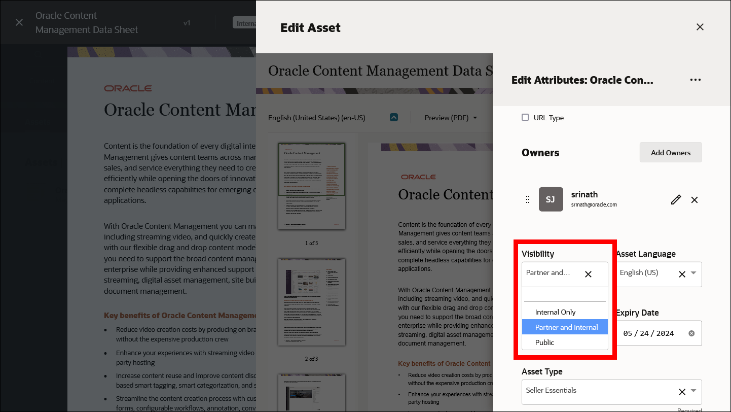 This image shows an asset in edit mode, with the visibility field higlighted.
