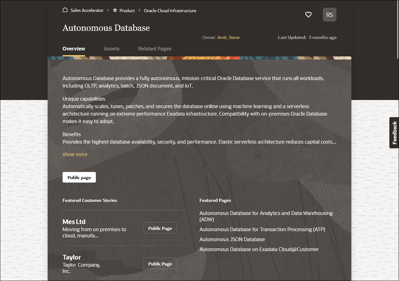 This image shows an example of a product page in Oracle Sales Accelerator.