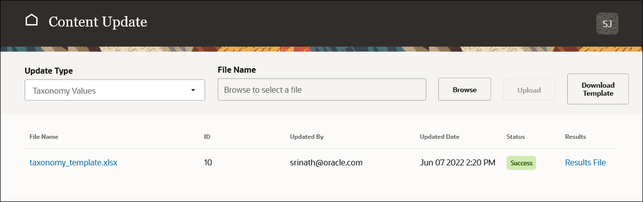 This image shows the Content Update page after the spreadsheet has been processed.