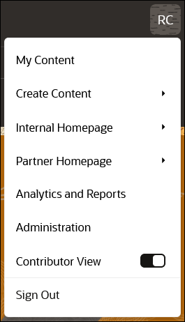 This image shows the user menu with all available options, which are explained in the table following this image.