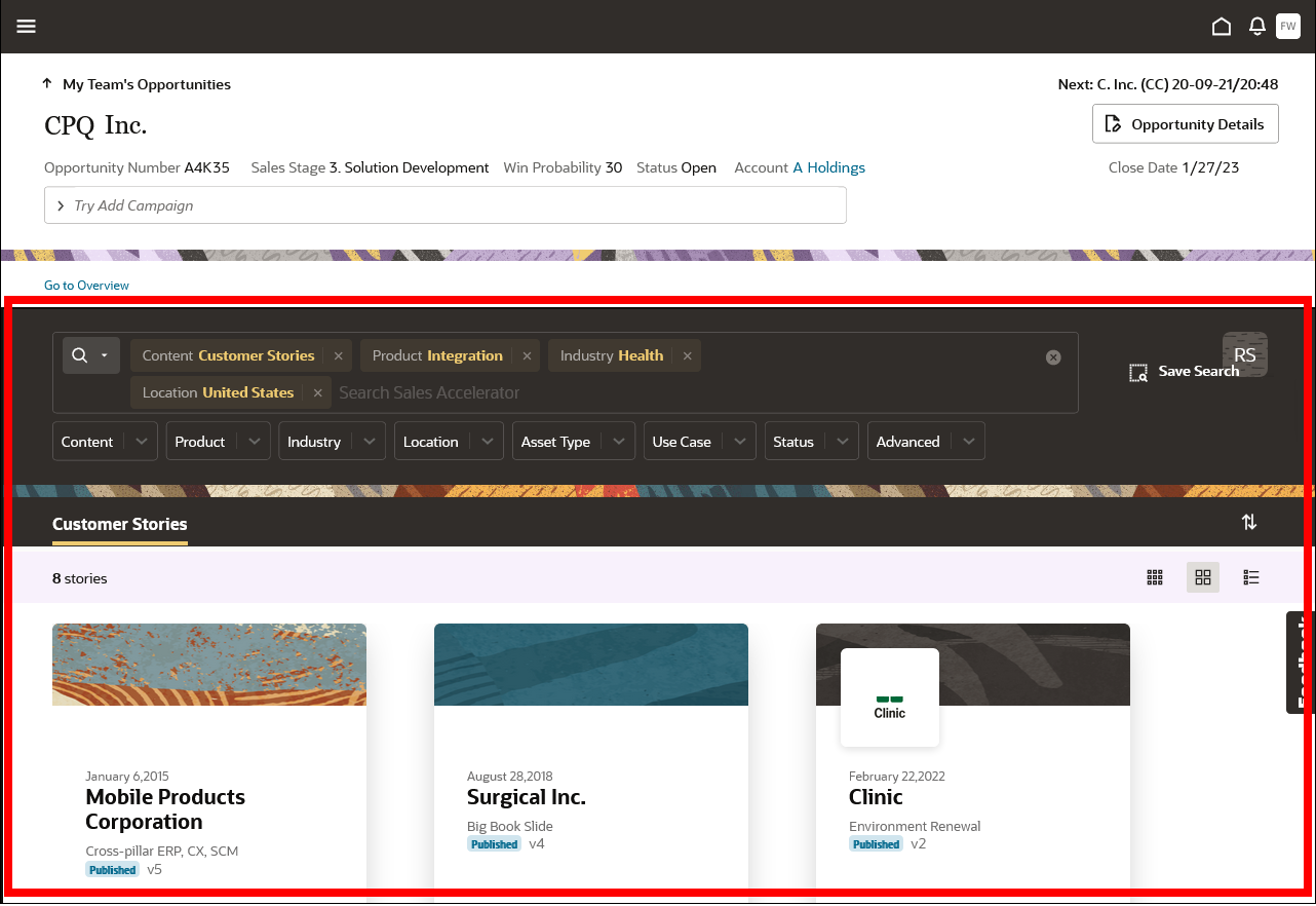Example of Oracle Sales Accelerator UI embedded in another application.