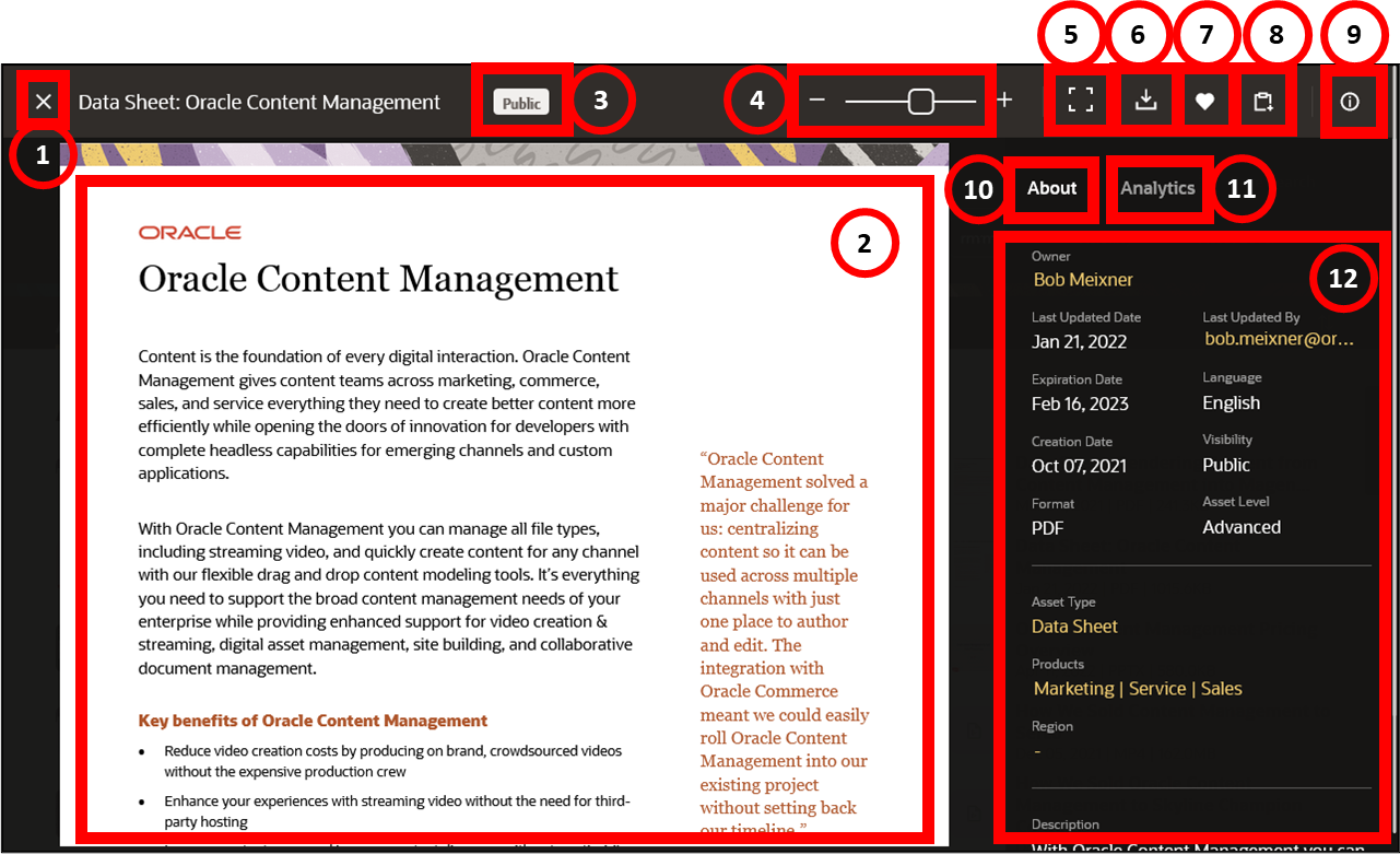 This image shows a PDF file in the asset viewer, whose features are explained in the table following this image. This image shows a PDF file in the asset viewer, whose features are explained in the table following this image.