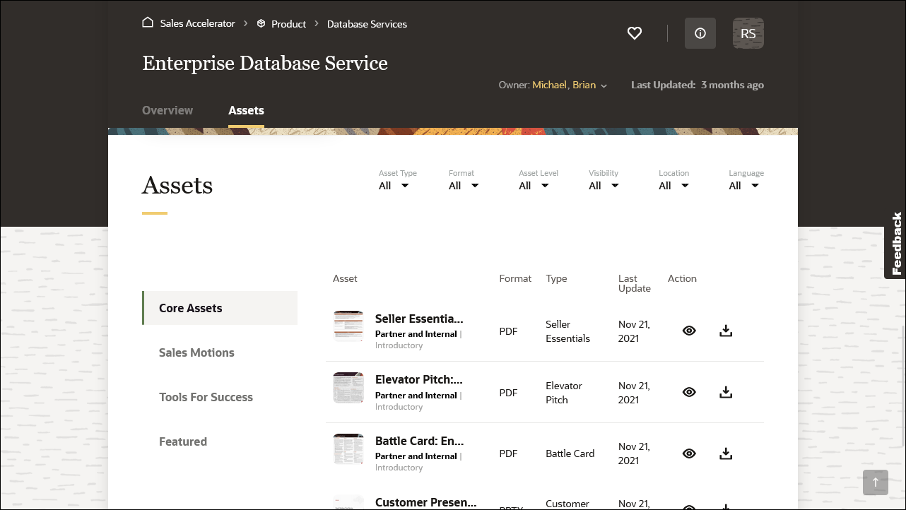 This image shows an example of a content page, with a list of assets. This image shows an example of a content page, with a list of assets.