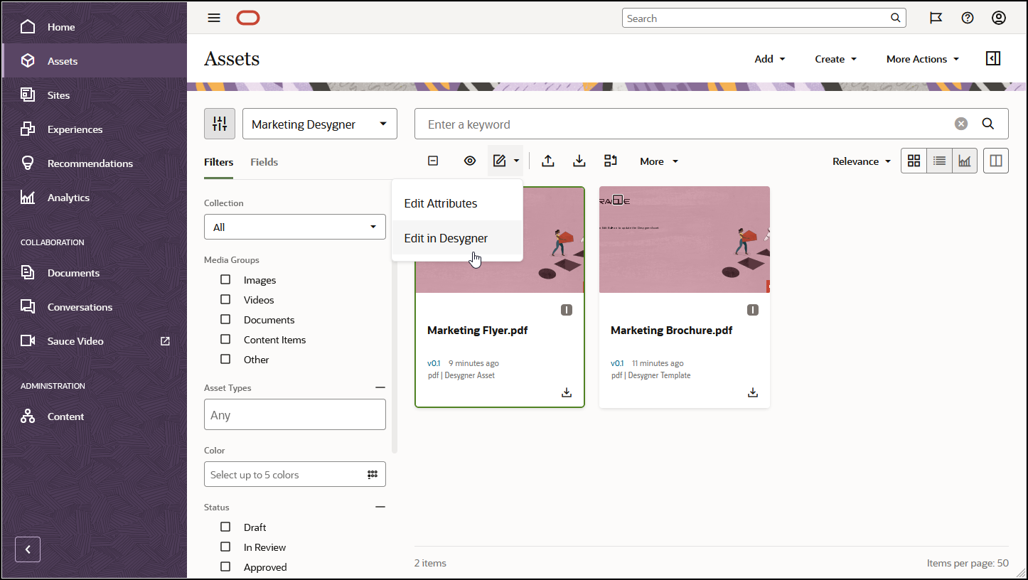 Oracle Content ManagementのDesygnerアセット(リンクされたトピックを参照)