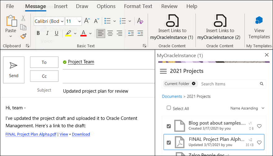 リンクされたトピックで説明するリンクをOutlook