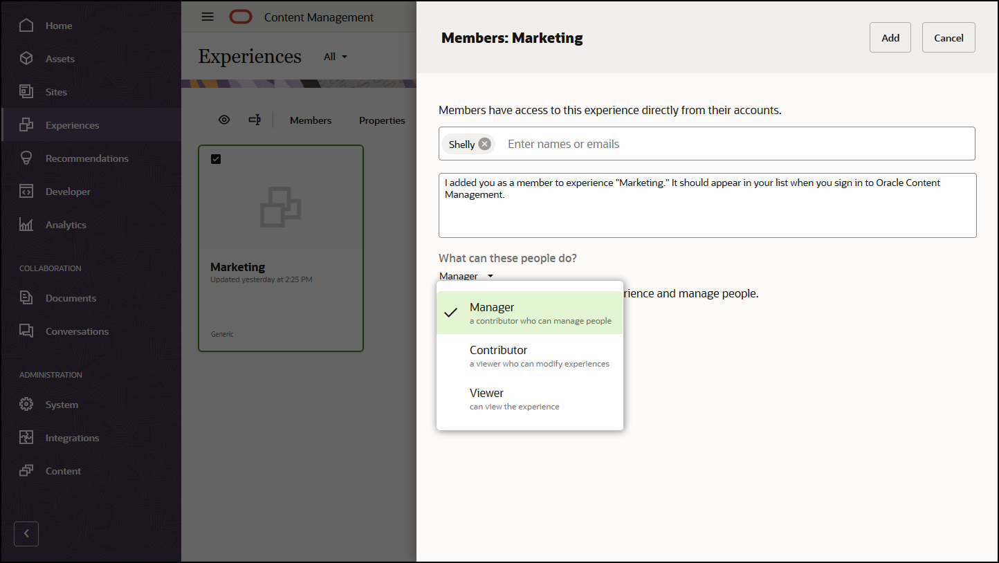 エクスペリエンス・メンバー・ダイアログ:リンクされたトピックの説明
