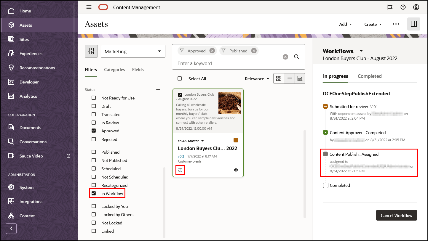 拡張ワークフロー機能が強調表示されたアセット・ページ(リンクされたトピックを参照)