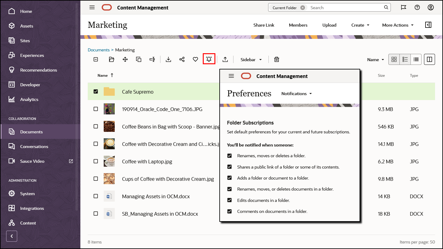 フォルダのサブスクリプション・アイコンおよびプリファレンス(リンクされたトピックを参照)