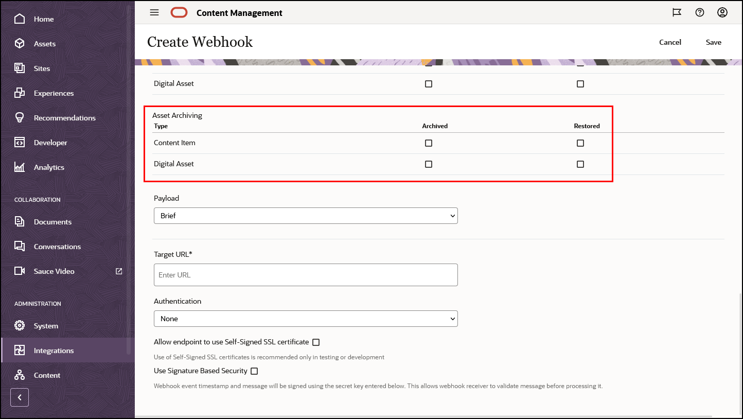 リンクされたトピックで説明されているアセット・ライフ・サイクルwebフック・アセット・アーカイブ通知オプション