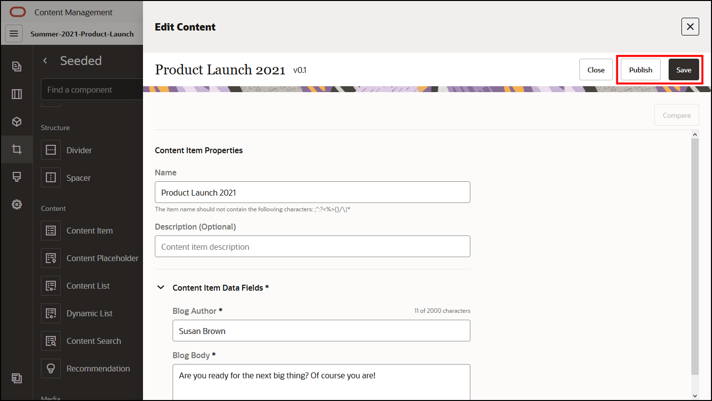 リンクされたトピックで説明されているコンテンツ・アイテム・エディタ