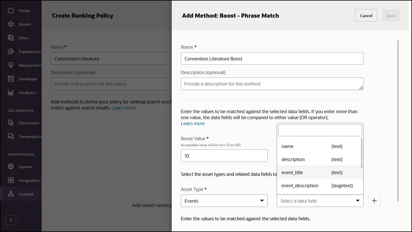 リンクされたトピックで説明されているランキング・ポリシー・フィールド・メニュー