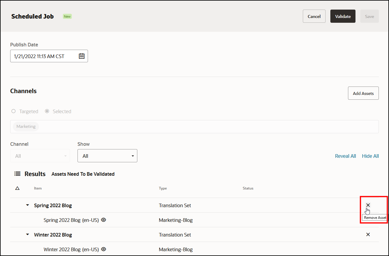 「スケジュール済ジョブ」ダイアログのアセットの削除アイコン(リンク・トピックを参照)