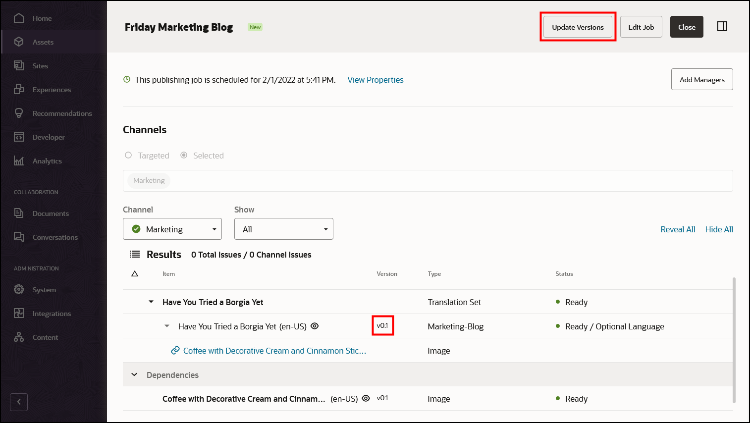 リンクされたトピックで説明されているアセット・バージョンおよび更新ボタンを示す「スケジュール済ジョブ」ダイアログ