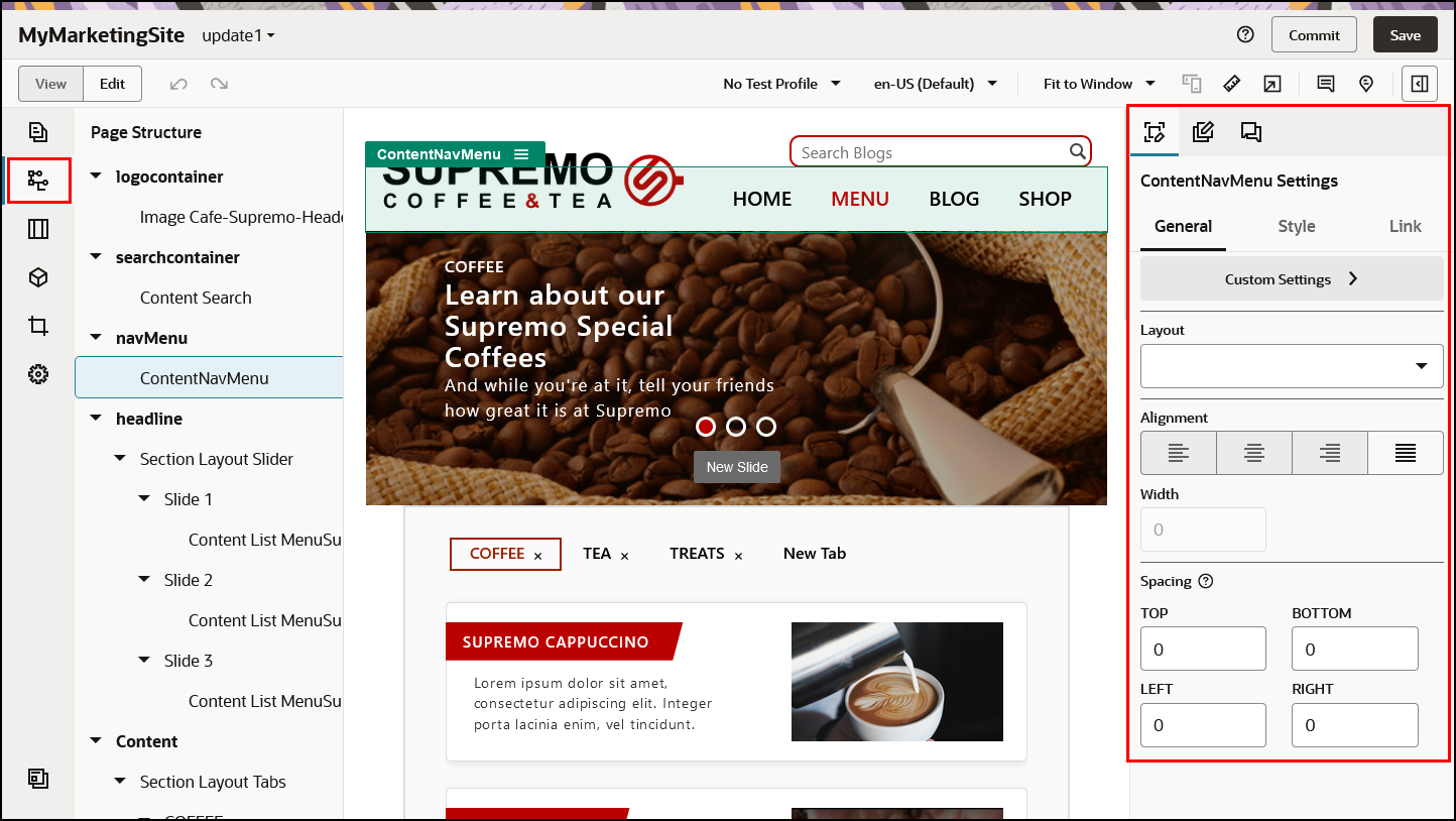 新しいサイト・ビルダー設計(テキストおよびリンク・トピックを参照)