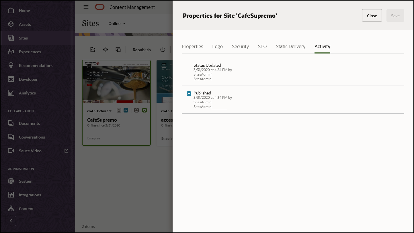 「サイト・プロパティ・アクティビティ」タブ(リンクされたトピックを参照)