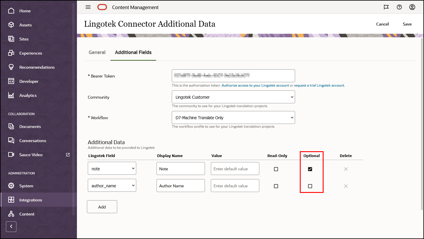 オプションの追加データを含む「Lingotek翻訳コネクタ」ダイアログ(リンクされたトピックを参照)